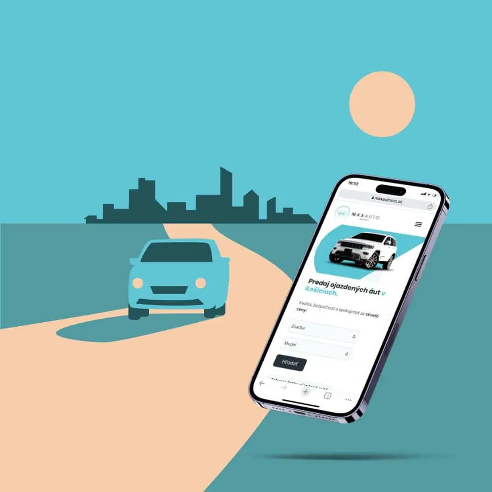 Mobilná verzia MAXAUTO pre predaj jazdených vozidiel zobrazená na smartfóne, s ilustráciou modrého auta a mestského panorámy na pozadí.